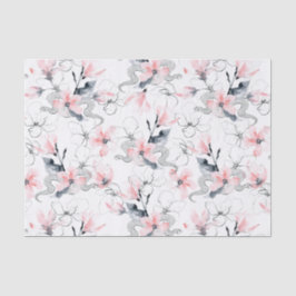 抽象的な水彩画のピンクのミズキの花及びヘビ 薄葉紙