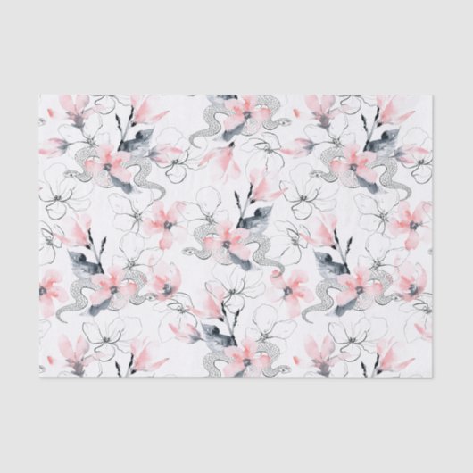 抽象的な水彩画のピンクのミズキの花及びヘビ 薄葉紙 (正面)