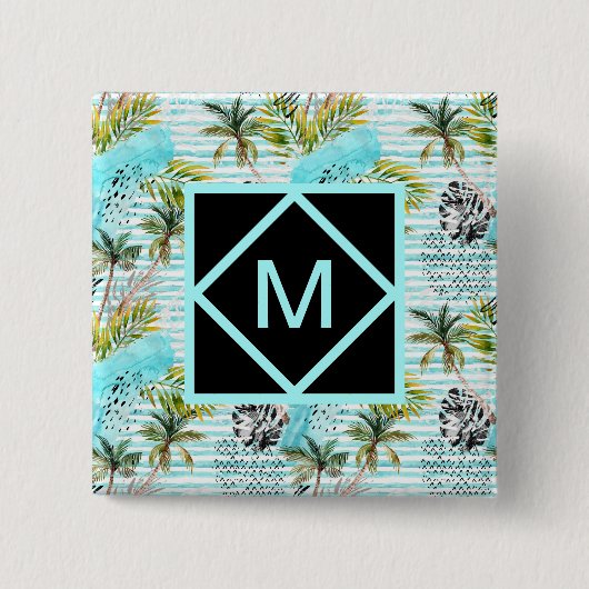 抽象的な水彩画のヤシの木パターン 缶バッジ (正面)