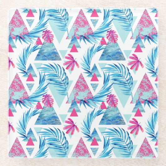 抽象的な水彩画の熱帯葉パターン ガラスコースター (正面)