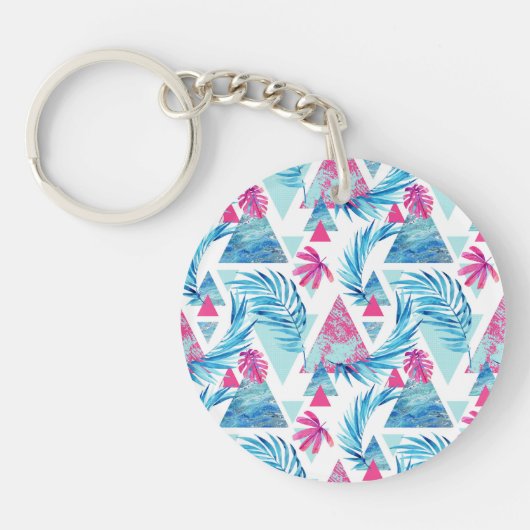 抽象的な水彩画の熱帯葉パターン キーホルダー (正面)