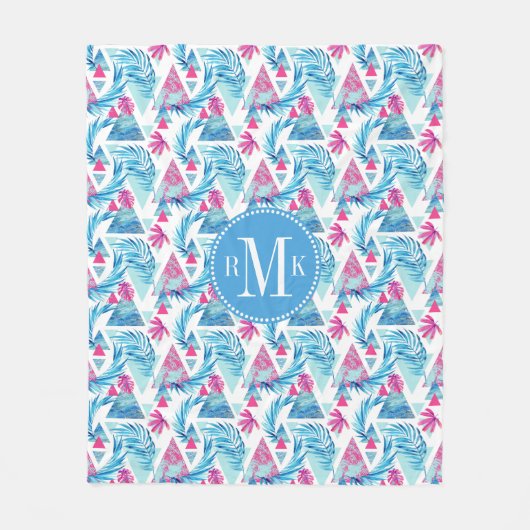 抽象的な水彩画の熱帯葉パターン フリースブランケット (正面)