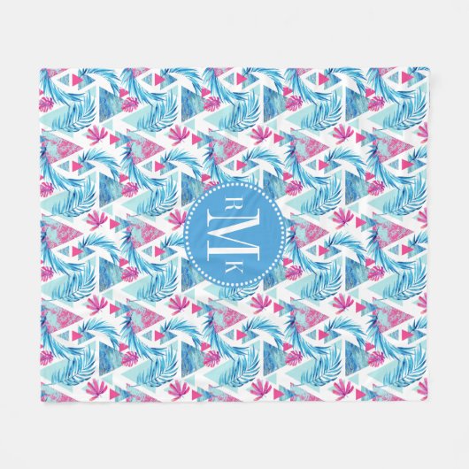 抽象的な水彩画の熱帯葉パターン フリースブランケット (正面(横))