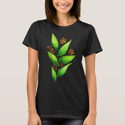 抽象的な水彩画の緑植物のオレンジの果実 Tシャツ (正面)