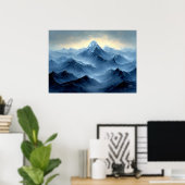 抽象的な油絵スタイルの静かな青い山々 ポスター (ホームオフィス)
