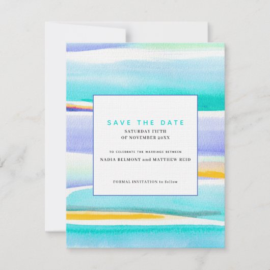 抽象的な波のアクアイエロー結婚式の「save the date」お知らせ 招待状 (正面)