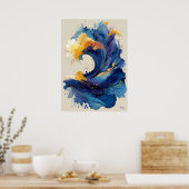 抽象的な波の液体アート - 青と金の流体 ポスター (キッチン)