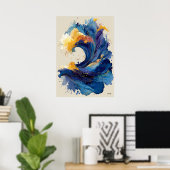 抽象的な波の液体アート - 青と金の流体 ポスター (ホームオフィス)