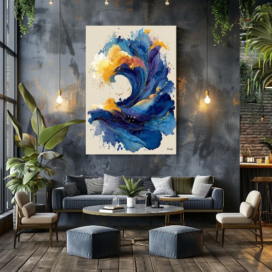 抽象的な波の液体アート - 青と金の流体 ポスター