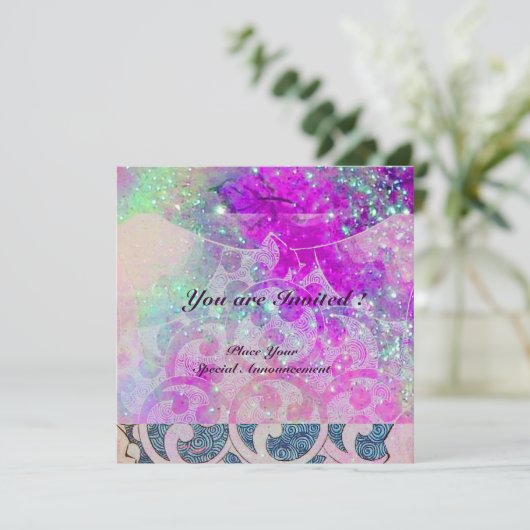 抽象的な波 青、紫、ピンクのウェディングパーティー 招待状 (スタンド正面)