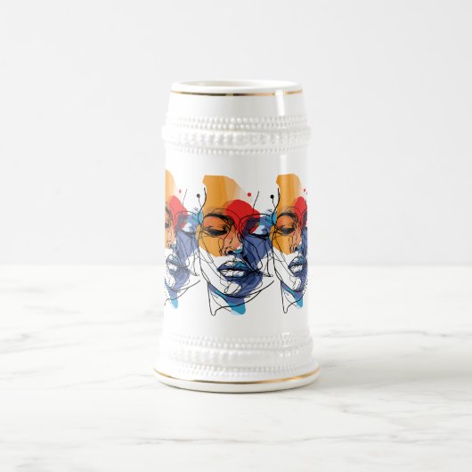 抽象的な流動線の顔アート ビールジョッキ (中央)
