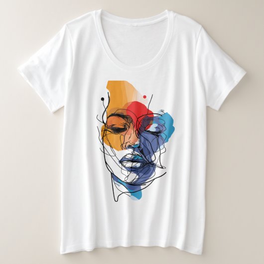 抽象的な流動線の顔アート プラスサイズTシャツ (デザイン正面)