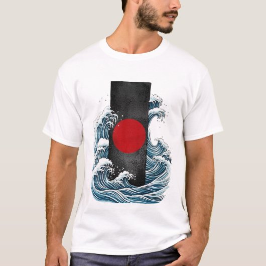 抽象的な海の波と赤い円のアート Tシャツ (正面)