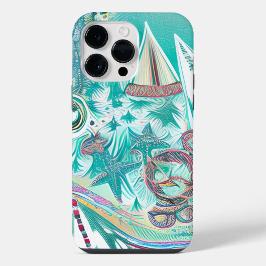 抽象的な海の芸術:ヨットと海の生き物 iPhoneケース (裏面)