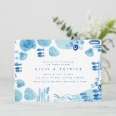 抽象的な海の青い貝殻 カップル ブライダルシャワー 招待状 (スタンド正面)