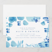 抽象的な海の青い貝殻 カップル ブライダルシャワー 招待状 (正面/裏面)