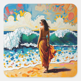 抽象的な海岸の芸術、ビーチの女性 スクエアシール