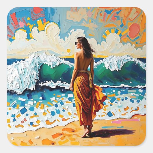 抽象的な海岸の芸術、ビーチの女性 スクエアシール (正面)