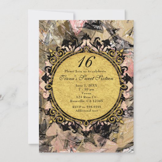 抽象的な渦巻きピンク ブラック ゴールドのパーティー招待状 招待状 (正面)