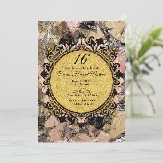 抽象的な渦巻きピンク ブラック ゴールドのパーティー招待状 招待状 (スタンド正面)