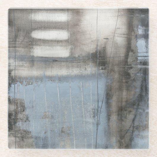 抽象的な灰色及び青の絵画 ガラスコースター (正面)