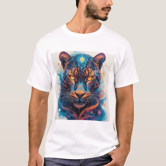 抽象的な炎の要素を取り入れたパンサーの肖像 Tシャツ (正面)