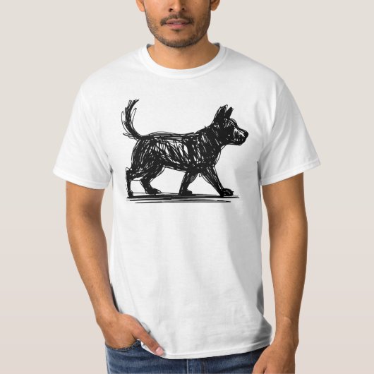 抽象的な犬の線画 ミニマリストのらくがき犬モダン Tシャツ (正面)