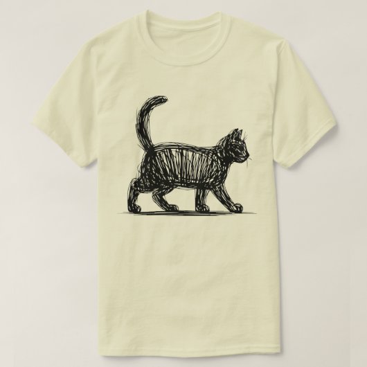 抽象的な猫の線画 ミニマリストな落書き猫 モダン Tシャツ (デザイン正面)