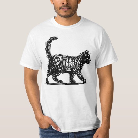 抽象的な猫の線画 ミニマリストな落書き猫 モダン Tシャツ (正面)