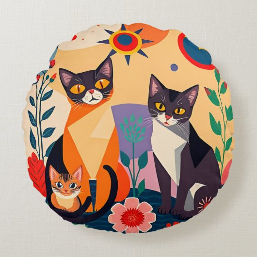 抽象的な猫の芸術表現 ラウンドクッション (正面)