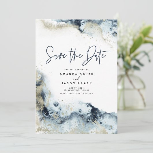 抽象的な疑似ゴールドネイビー水彩Save the Date I 招待状 (スタンド正面)