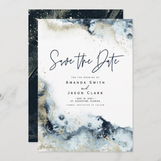 抽象的な疑似ゴールドネイビー水彩Save the Date I 招待状 (正面/裏面)