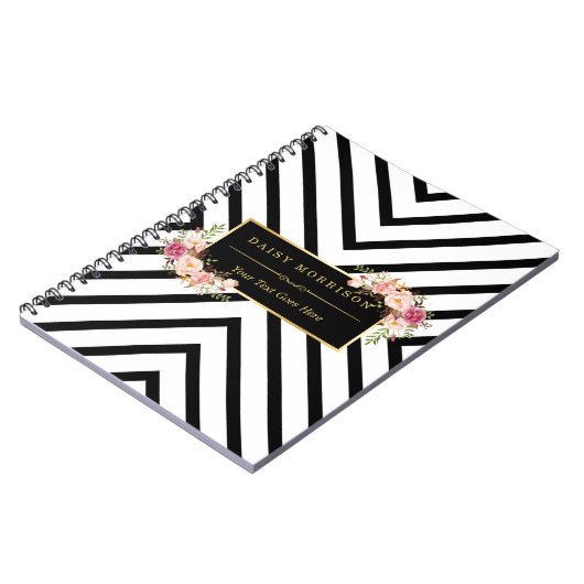 抽象的な白黒のストライプおよび花の金ゴールドフレーム ノートブック (左側)