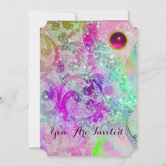 抽象的な紫とピンクとターコイズブルーの波がきらきらと輝く 招待状 (裏面)