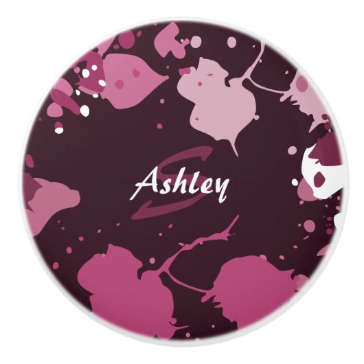 抽象的な紫とピンクのペイントのしぶきの水滴 セラミックノブ (正面)