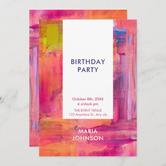 抽象的な紫ピンクのペイント 招待状 (正面/裏面)
