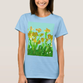 抽象的な緑と金の花柄の女性用ベーシックTシャツ Tシャツ