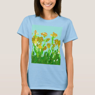 抽象的な緑と金の花柄の女性用ベーシックTシャツ Tシャツ