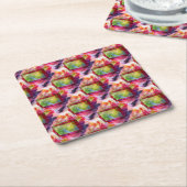 抽象的な緑、赤い壁紙 スクエアペーパーコースター (アングル)