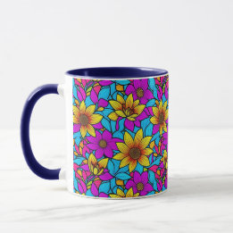 抽象的な線の芸術と花柄 10 - マグカップ