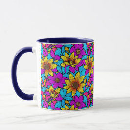 抽象的な線の芸術と花柄 10 - マグカップ