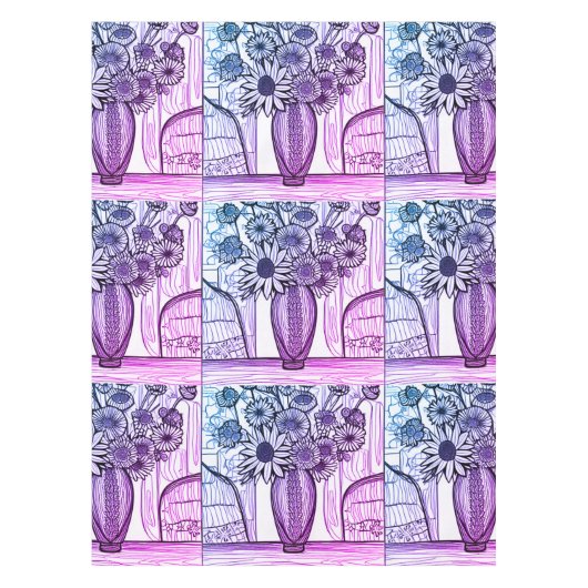 抽象的な線画の花のアート - 紫と青 テーブルクロス (正面)