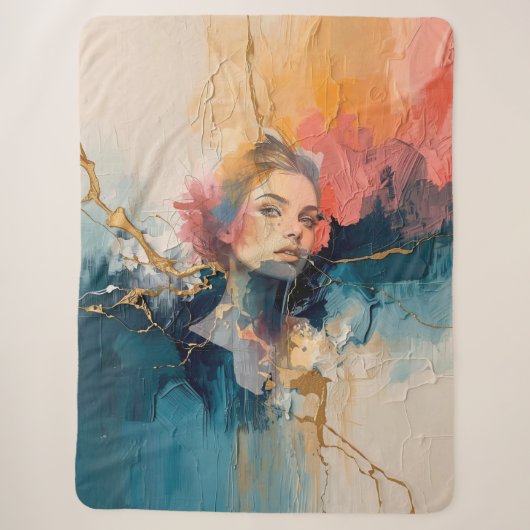 抽象的な肖像画の壁画 モダンな女性の顔の痛み シェルパブランケット (正面)