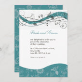 抽象的な花と渦巻きの招待状 - ティールとブラウン 招待状 (正面/裏面)