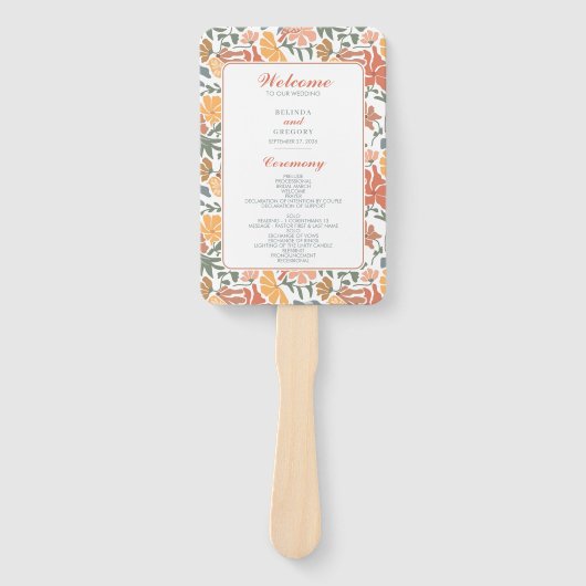 抽象的な花と鳥のミッドセンチュリーウェディングプログラム ハンドファン (正面)