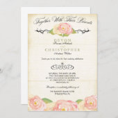 抽象的な花のピンク及びクリーム色の結婚式招待状 招待状 (正面/裏面)
