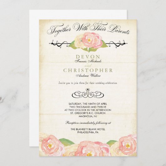 抽象的な花のピンク及びクリーム色の結婚式招待状 招待状 (正面/裏面)