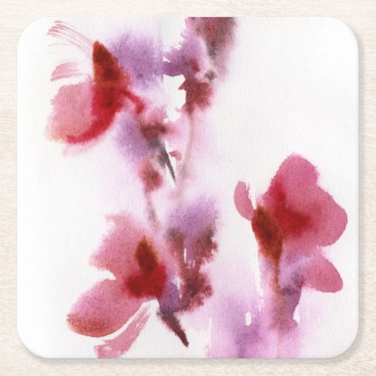 抽象的な花の水彩画の絵画3 スクエアペーパーコースター (正面)
