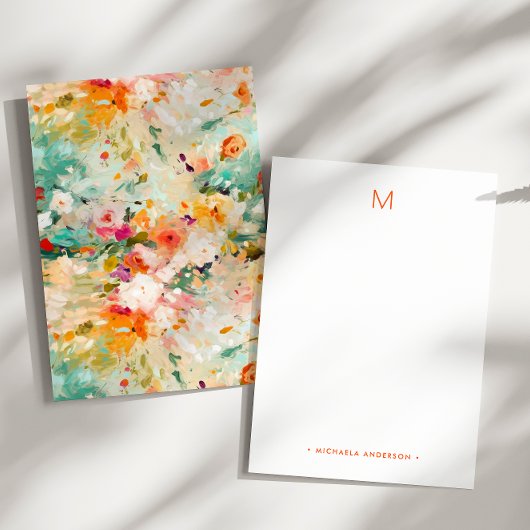 抽象的な花の絵のモノグラム名入り文房具 ノートカード