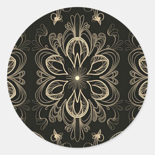 抽象的な花柄のブラックとゴールド ラウンドシール (正面)
